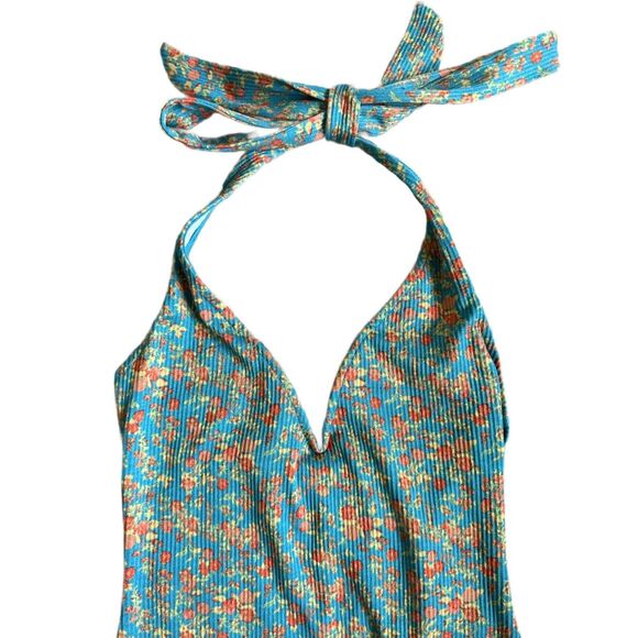 Free People Lola Pastel Blue Ditzy Floral Print Halter V Neck Bodysuit Size XS - Picture 7 of 10